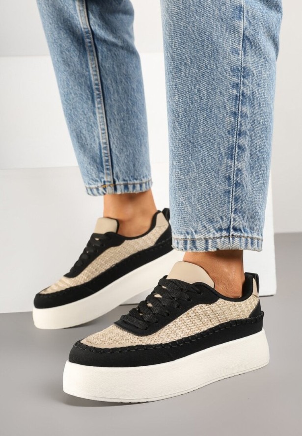 Czarne Sneakersy na Platformie Ozdobione Plecionką Nilaraviela