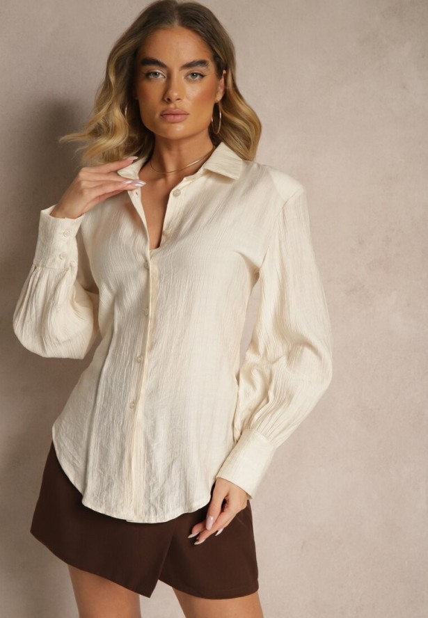 Jasnobeżowa Koszula z Usztywnioną Linią Ramion i Wiązaniem Meroniela