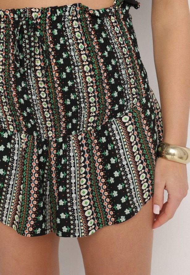 Czarno-Zielone Bawełniane Szorty z Wysokim Stanem i Geometrycznym Wzorem Velsedi