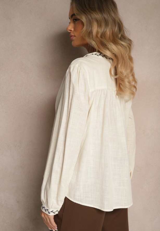 Beżowa Bawełniana Koszula ze Stójką Guzikami i Ozdobnym Haftem Gonnalia