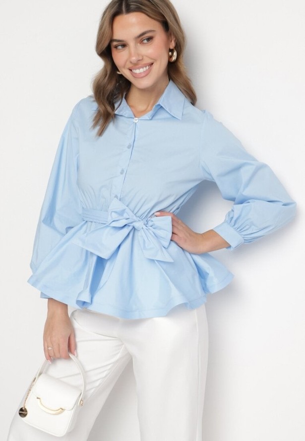 Niebieska Koszula z Gumką w Talii z Materiałowym Paskiem Lanothia