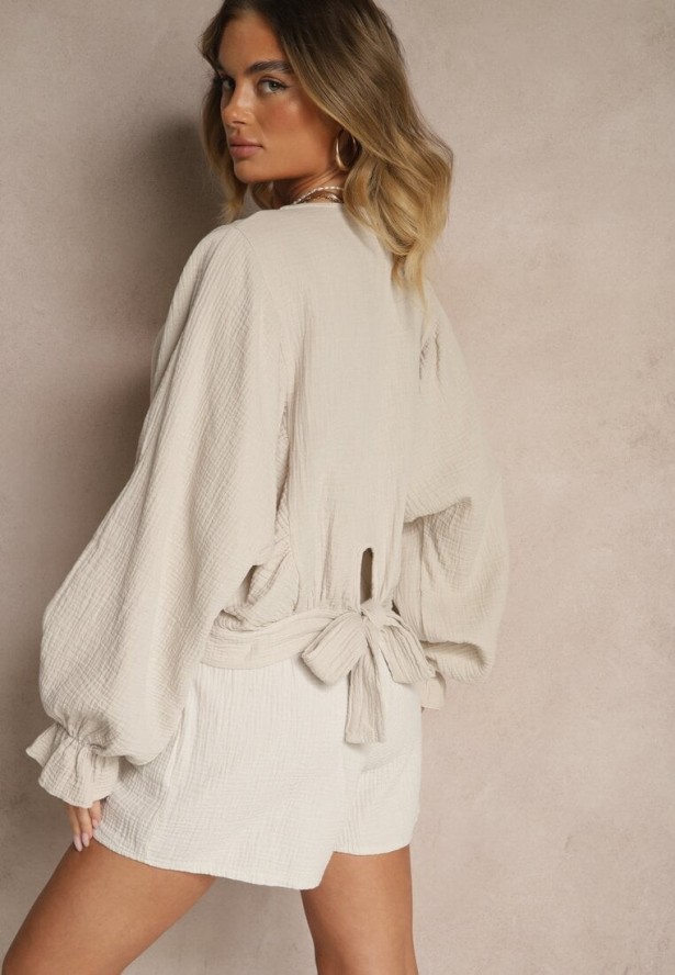 Beżowa Bawełniana Bluzka Typu Nietoperz z Wiązaniem Sepionna