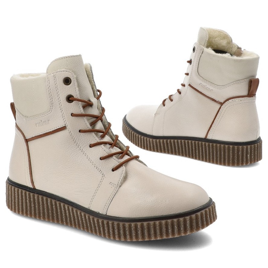 Trzewiki damskie Rieker, skórzane licowe na grubej podeszwie zapinane na zamek i ocieplane, białe, Y4303-80