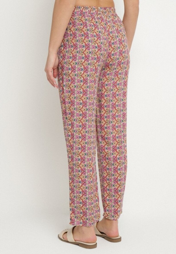 Różowe Bawełniane Spodnie z Wiązaniem i Gumką w Talii w Geometryczny Wzór Ivelriz