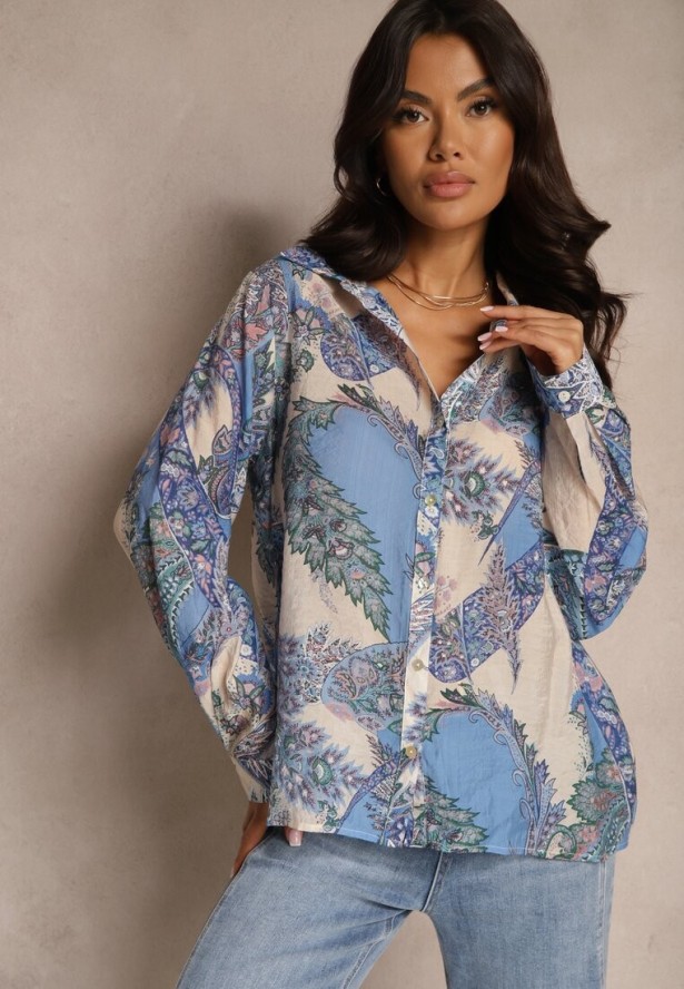 Niebieska Koszula z Wiskozą o Klasycznym Kroju w Ornamentalny Print Arasira