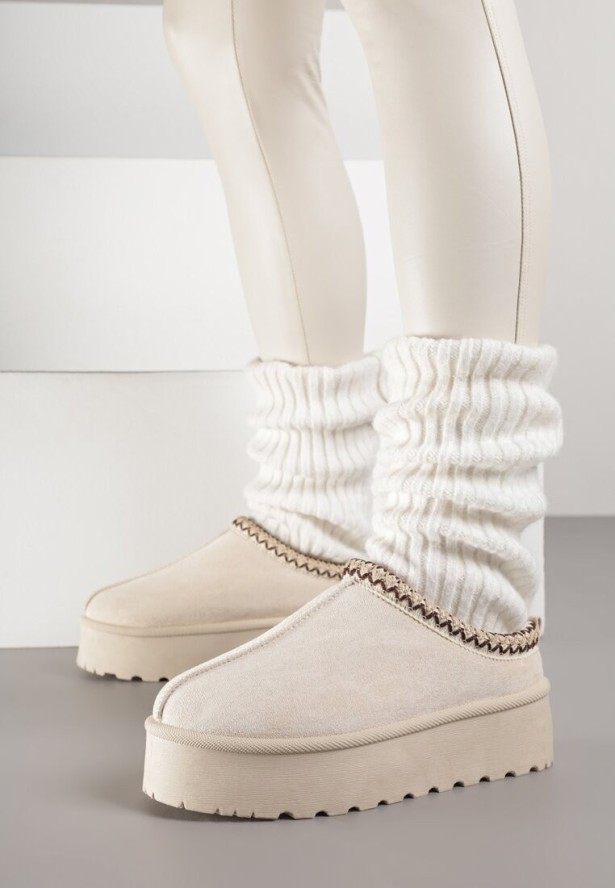 Beżowe Śniegowce na Grubej Podeszwie z Ozdobnym Haftem Zivirae