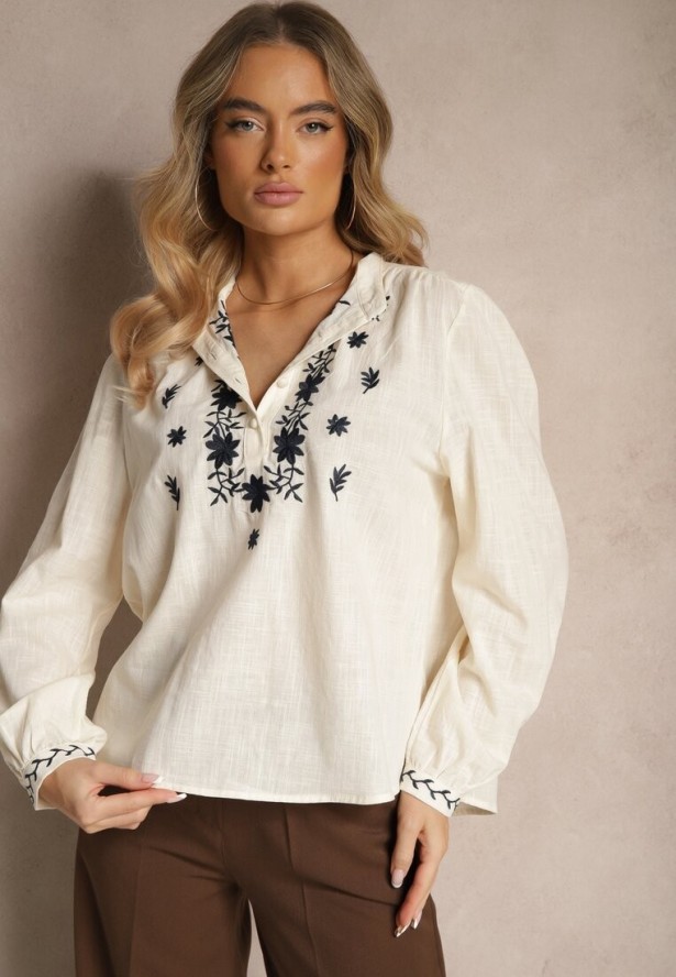 Beżowa Bawełniana Koszula ze Stójką Guzikami i Ozdobnym Haftem Gonnalia