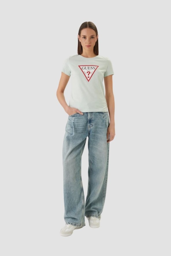 GUESS Miętowy bawełniany t-shirt damski na krótki rękaw Original, Rozmiar L