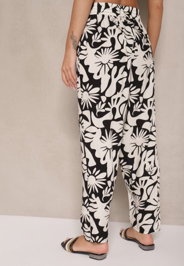 Czarne Spodnie z Wiskozy High Waist w Kwiatowy Wzór Niliannea