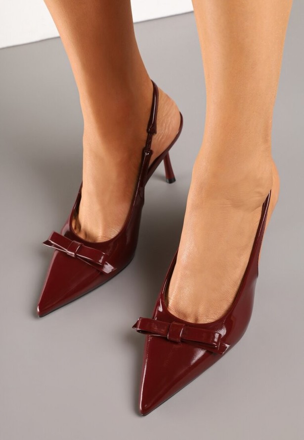 Bordowe Lakierowane Sandały Szpilki Vices Typu Slingback z Kokardą Dorozia