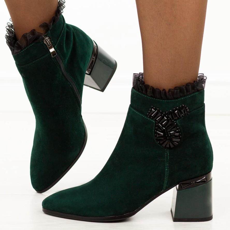Zielone zamszowe skórzane botki damskie na słupku DiA 52-127