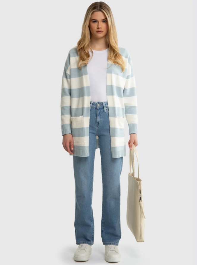 Sweter kardigan damski z kieszeniami w niebiesko-białe pasy Marilla 400