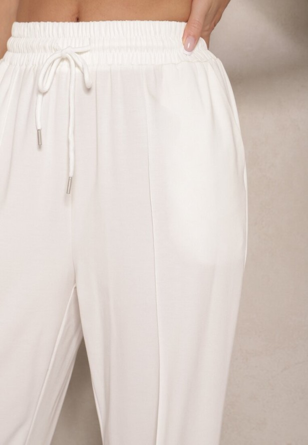 Białe Spodnie z Wiskozą o Szerokim Kroju High Waist z Wiązaniem Ellivartia