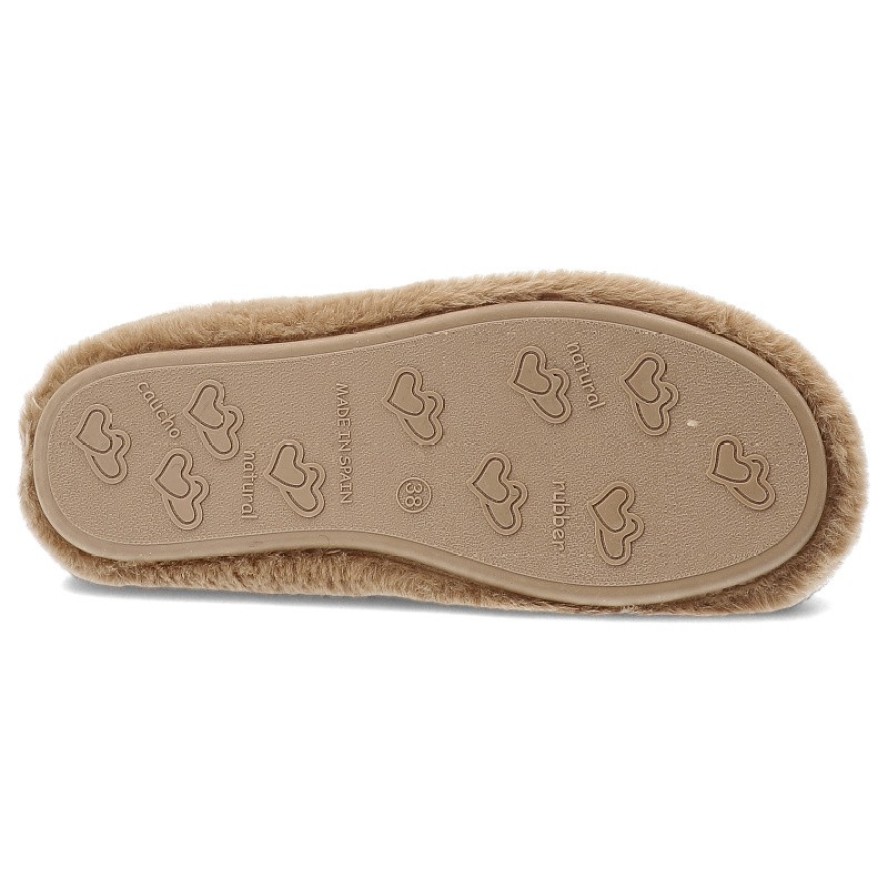 Kapcie damskie Macarena, pantofle z futerkiem z broszką płaskie z odkrytą piętą, karmelowe, Anais25