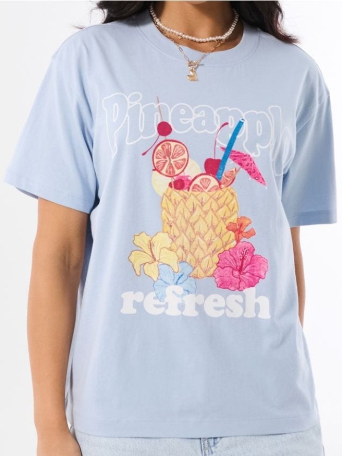 Bawełniana koszulka z motywem ananasa - błękitny