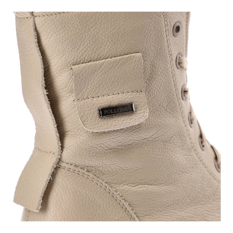 Beżowe Botki Pollonus Skórzane Ocieplane Buty Damskie
