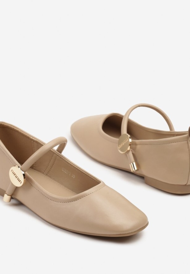 Ciemnobeżowe Balerinki z Kwadratowym Noskiem i Ozdobnym Paskiem Firmio