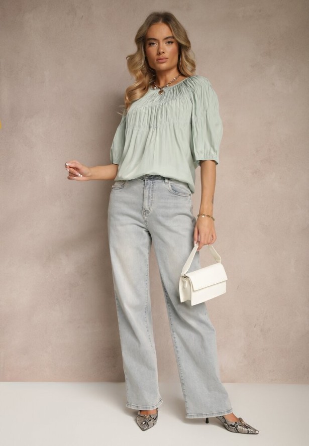 Miętowa Bluzka z Wiskozą o Fasonie Oversize z Gumkami w Ramionach Alirona