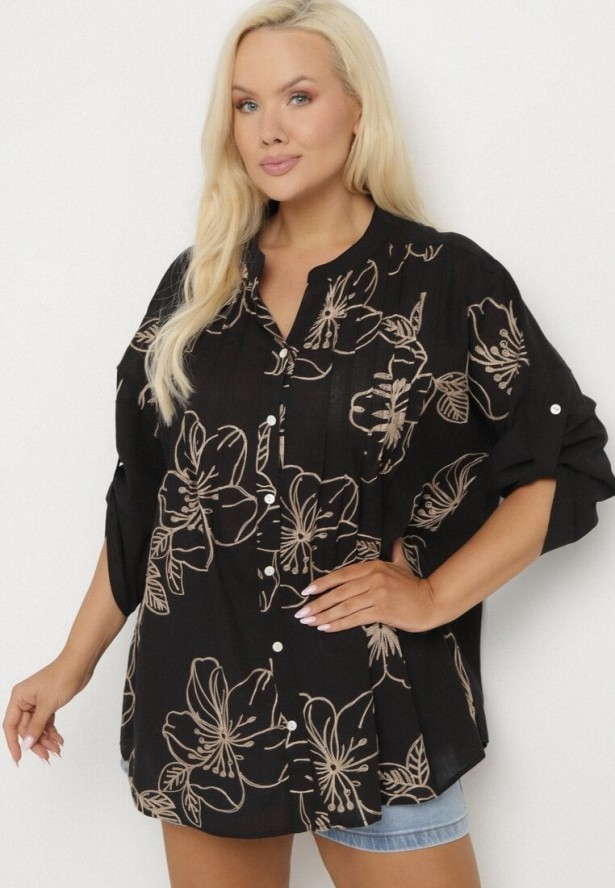 Czarna Koszula z Bawełną w Haftowane Kwiaty Tolarea