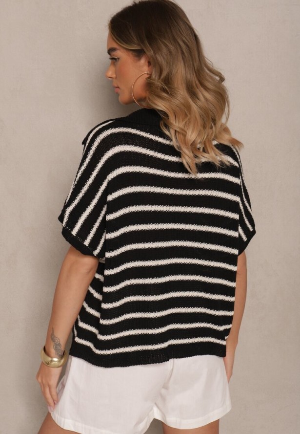 Czarno-Biała Nietoperzowa Bluzka z Kołnierzykiem z Dzianiny z Bawełny Galomea