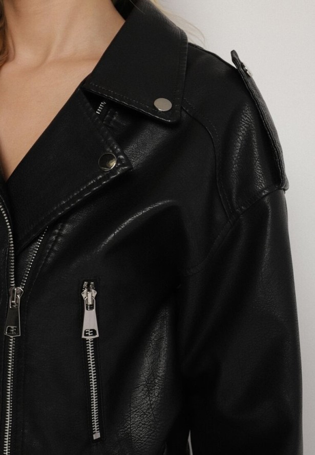 Czarna Kurtka Ramoneska z Klamrami Sesariah