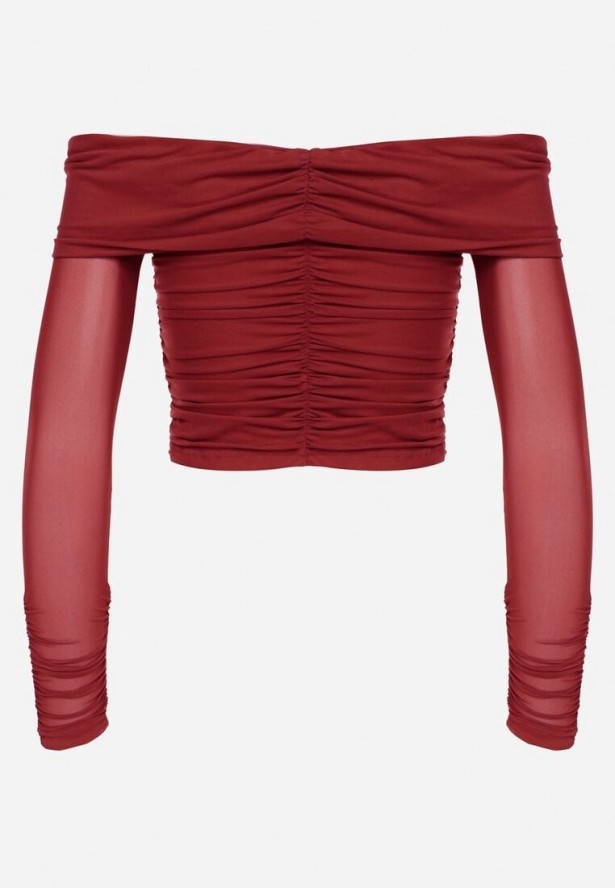 Bordowa Siateczkowa Bluzka VICES z Odkrytymi Ramionami Ozdobiona Marszczeniem Tuvita