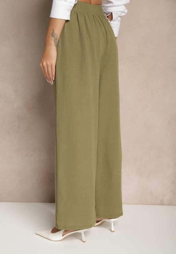 Zielone Szerokie Spodnie Palazzo High Waist z Ozdobnym Wiązaniem Arandiel