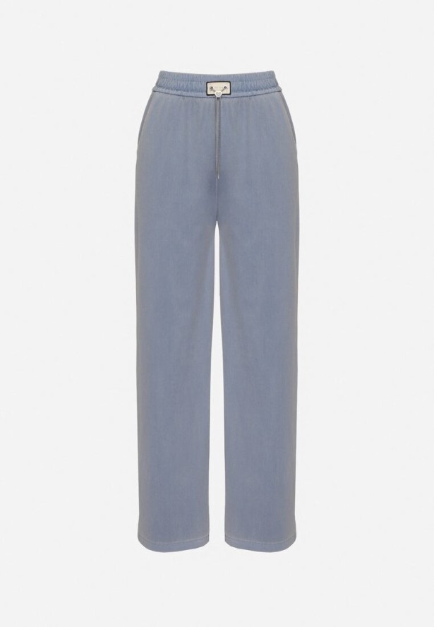 Niebieskie Spodnie z Wiskozą o Prostym Kroju z Aplikacją w Talii Frolessa