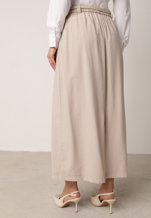 Beżowa Wiskozowa Spódnica o Rozkloszowanym Kroju z Plisami i Paskiem Rolea