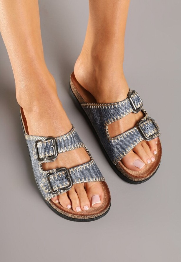 Ciemnoniebieskie Klapki na Grubej Korkowej Podeszwie Ozdobione Przeszyciami Nuridara