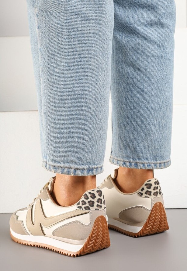 Beżowe Sneakersy z Metaliczną Lamówką i Geometrycznym Wzorem Tosvella