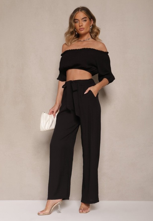 Czarny Komplet Spodnie o Szerokim Kroju i Bufiasta Bluzka Idalisse