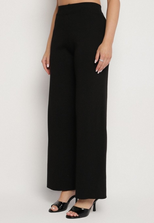 Czarny Komplet Dzianinowy z Kamizelką i Szerokimi Spodniami Weorina