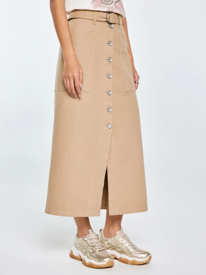 Spódnica damska midi z dodatkiem lnu z ozdobnymi guzikami beżowa Anesa 805