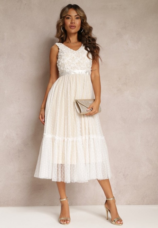 Biała Taliowana Sukienka Midi z Ozdobną Siateczką Celerise