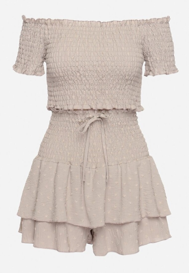 Beżowy Komplet Top w Stylu Hiszpanki i Spódnico-Szorty z Gumką Quillatta