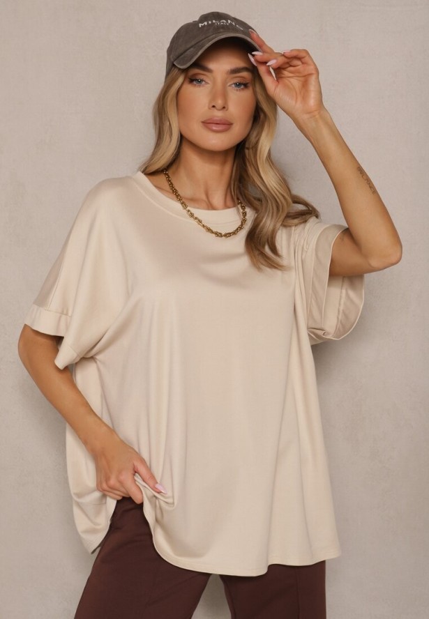 Beżowy T-shirt z Wiskozą o Fasonie Nietoperza Tanalitha