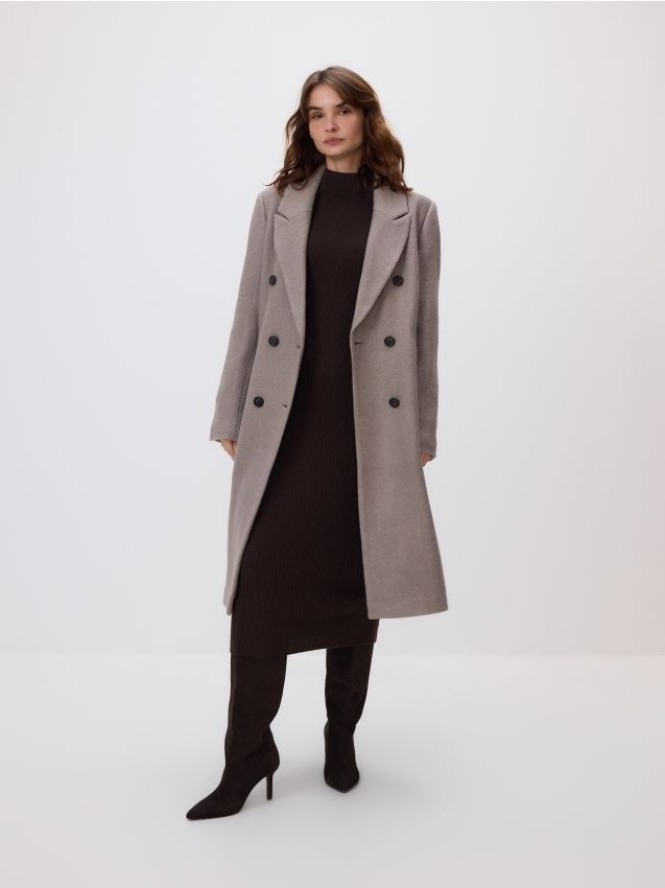 Dwurzędowy płaszcz z wełną - brązowy