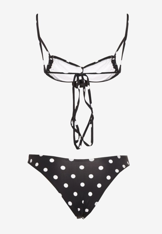 Czarne Bikini w Grochy z Kwiatowymi Aplikacjami Biustonosz i Figi Loritia