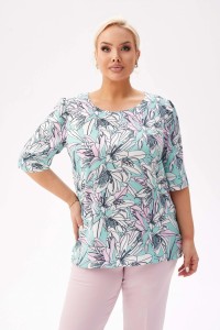 Bluzka Spring z krótkim rękawem i lekką bufką w kwiatowy wzór - kolory mięty, różu i bieli PLUS SIZE XXL