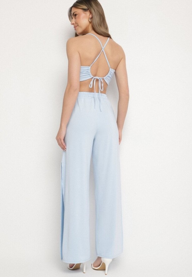 Niebieski Komplet z Wiskozą Top z Wiązaniem i Szerokie Spodnie z Rozcięciami Zirellia