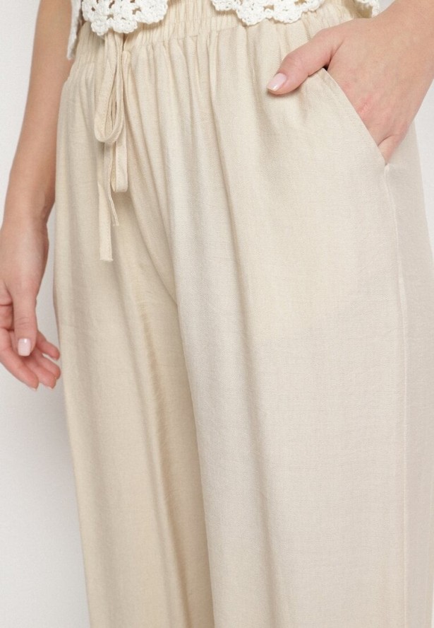 Beżowe Szerokie Spodnie z Wysokim Stanem Ozdobione Sznurkiem Fenaris
