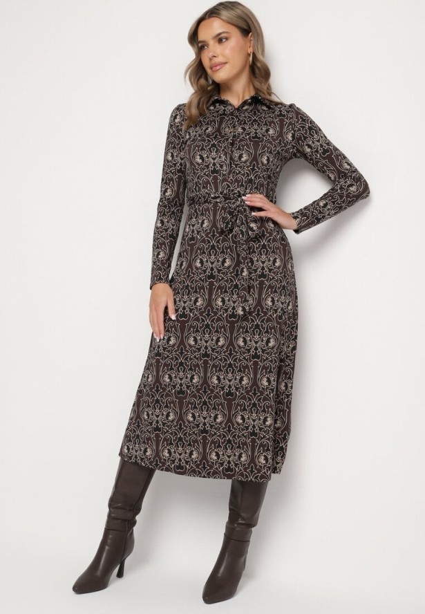 Brązowo-Beżowa Sukienka Koszulowa Ozdobiona Ornamentalnym Wzorem Mesilie