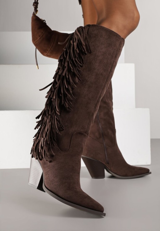 Ciemnobrązowe Kozaki Kowbojki na Stożku z Imitacji Zamszu Zdobione Frędzlami Rabella