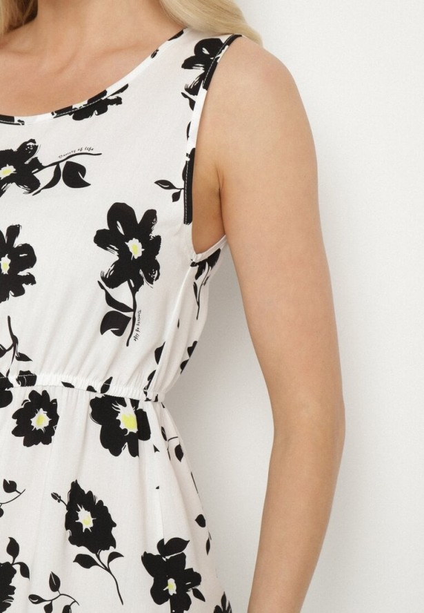 Biała Sukienka w Kwiaty o Rozkloszowanym Kroju na Szerokich Ramiączkach Naivoriel