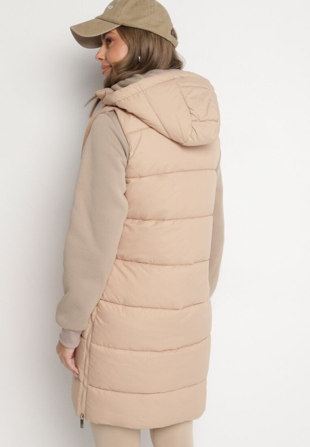 Ciemnobeżowa Pikowana Kamizelka z Kapturem i Sznurkami Zelothis