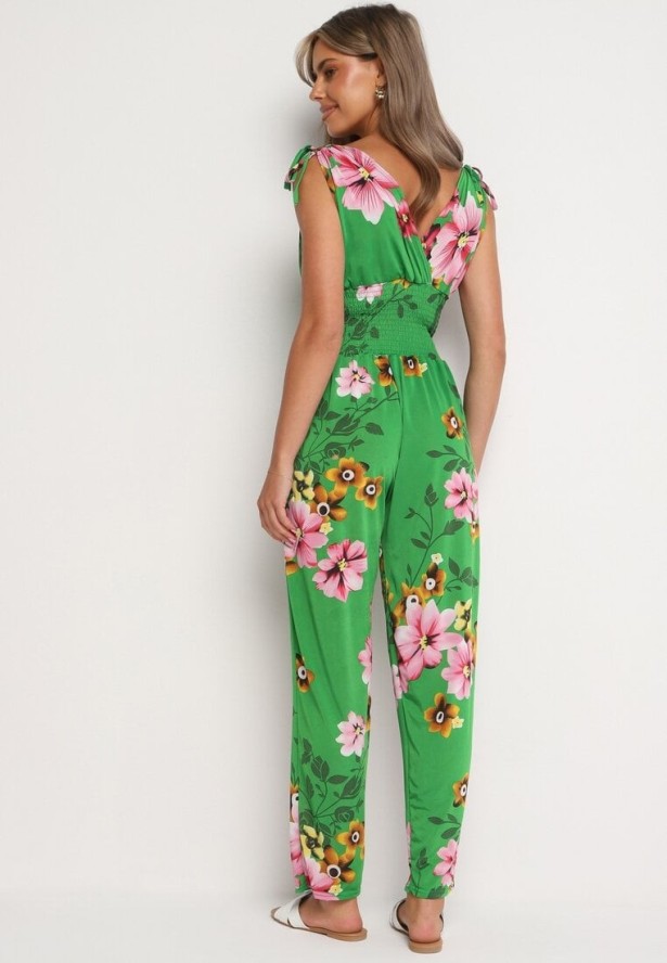 Zielony Kombinezon w Kwiaty z Trójkątnym Dekoltem i Troczkami na Ramionach Benan