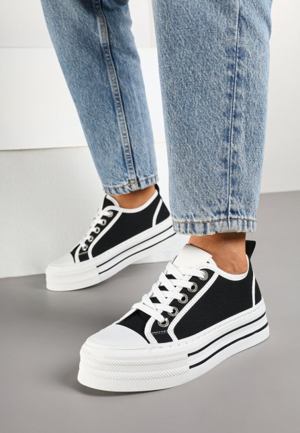 Czarne Trampki na Niskiej Platformie Ozdobione Cyrkoniami Felelith