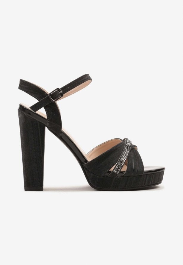 Czarne Sandały na Słupku z Brokatem i Cyrkoniami Lialitora