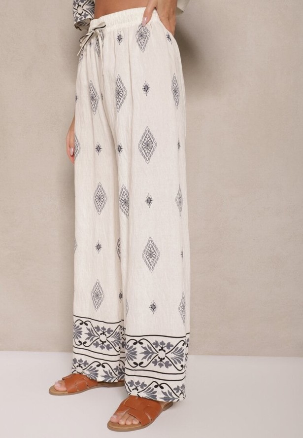 Beżowo-Szary Komplet w Stylu Boho Bluzka z Krótkim Rękawem i Luźne Spodnie Divorine